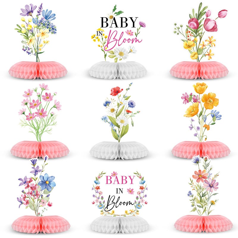 Weekgrat 9 Pcs Wildflower Baby in Bloom Baby Shower Decoration Spring Floral Flower Theme Honeycomb Centerpiece for Table Decor - Image 1