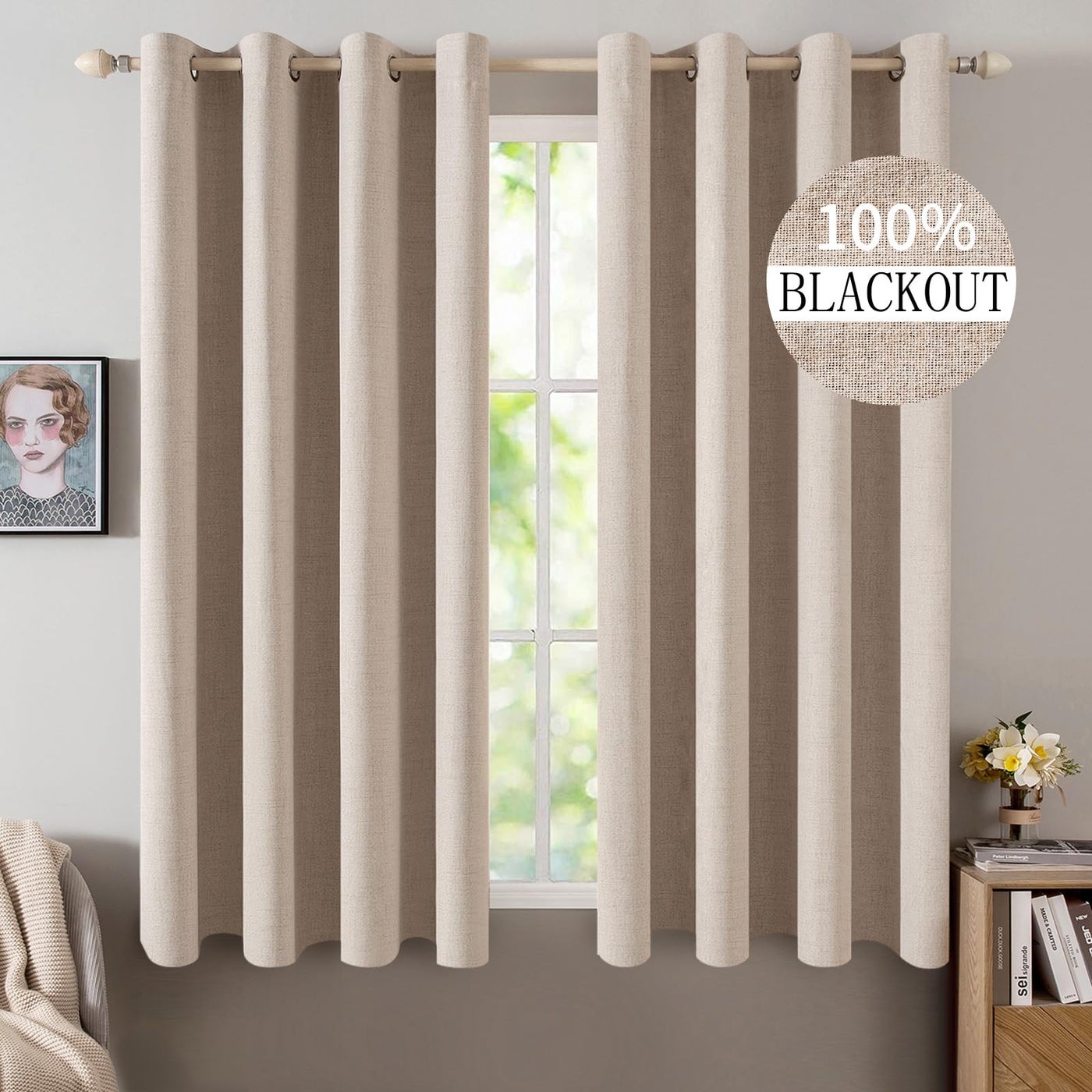 MIULEE Linen Textured Curtains for Bedroom Solid 100% Blackout Thermal Insulated Natural Beige Grommet Room Darkening Curtains & Drapes Luxury Decor for Living Room 52 x 63 Inch (2 Panels)