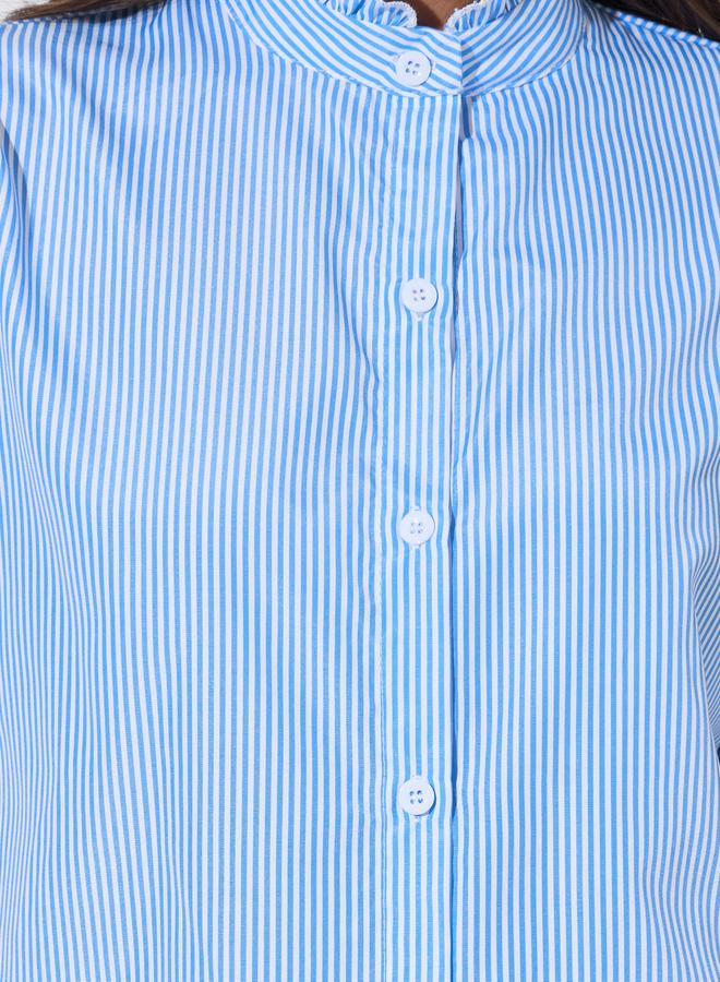 Styli Blue Striped Ruffled High Neck Short Sleeves Shirt - Image 3