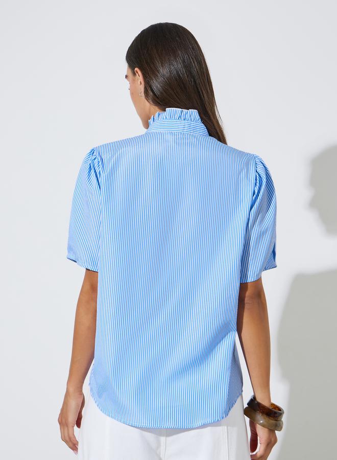 Styli Blue Striped Ruffled High Neck Short Sleeves Shirt - Image 4