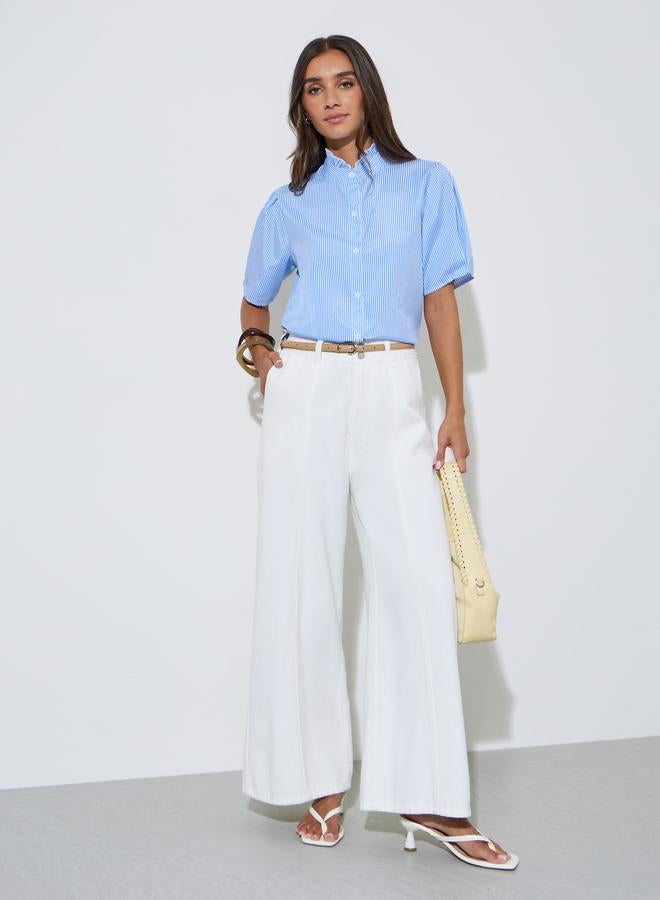 Styli Blue Striped Ruffled High Neck Short Sleeves Shirt - Image 2
