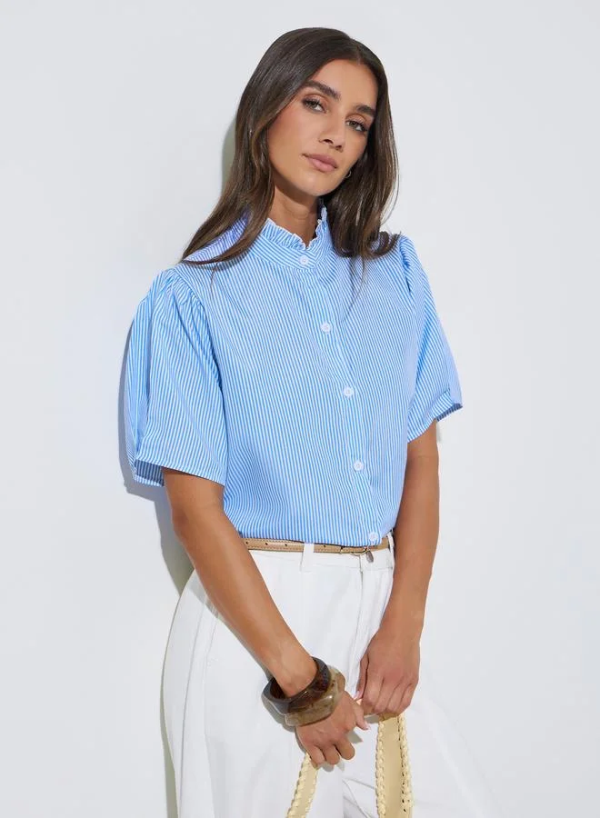 Blue Striped Ruffled High Neck Short Sleeves Shirt