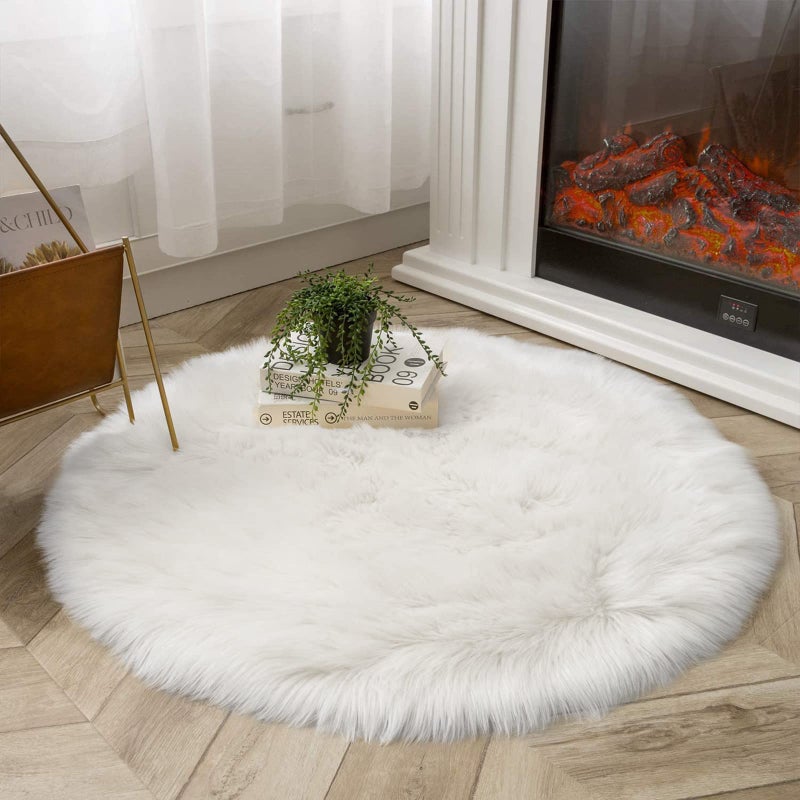 Latepis White Round Rug 3ft Faux Sheepskin Fur Fluffy Circle Rugs for Living Room Washable Rug for Bedroom Teen Room Dorm Cute Room Rug - Image 2