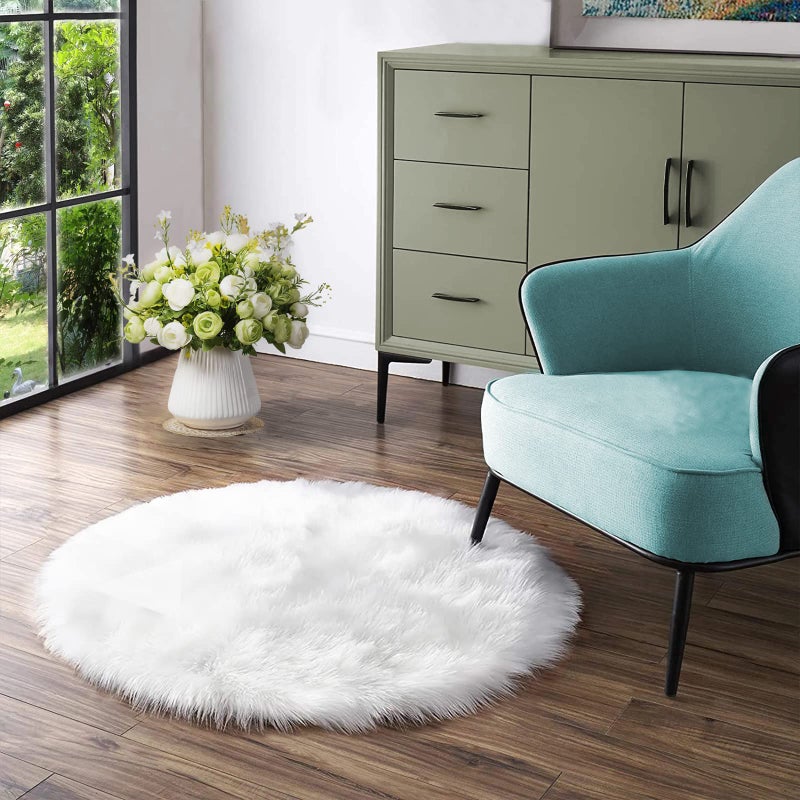 Latepis White Round Rug 3ft Faux Sheepskin Fur Fluffy Circle Rugs for Living Room Washable Rug for Bedroom Teen Room Dorm Cute Room Rug - Image 1