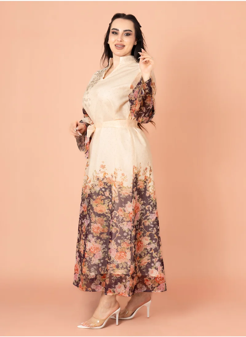 IKKXA Floral Belted Embroidery Jalabiya IK2019 Purple