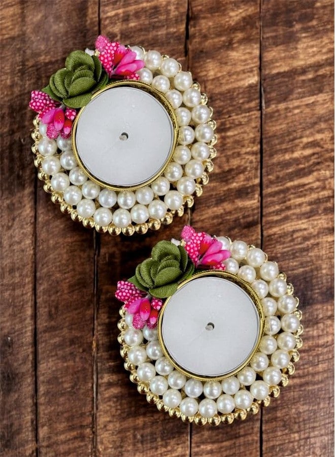Smaran Handmade Pearl Tealight Candle Holders Set of 10 | Ribbon Work Floral Wax Diya Stand | Decorative T-Light Holder for Diwali, Wedding, Pooja & Home Decor - Image 1