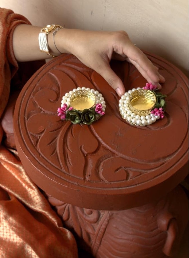 Smaran Handmade Pearl Tealight Candle Holders Set of 10 | Ribbon Work Floral Wax Diya Stand | Decorative T-Light Holder for Diwali, Wedding, Pooja & Home Decor - Image 3