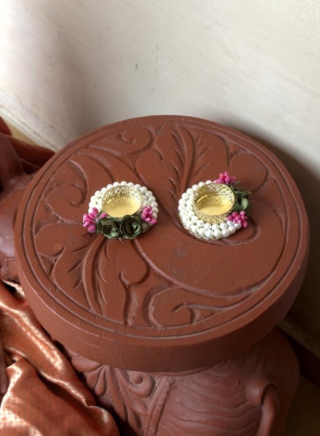 Smaran Handmade Pearl Tealight Candle Holders Set of 10 | Ribbon Work Floral Wax Diya Stand | Decorative T-Light Holder for Diwali, Wedding, Pooja & Home Decor - Image 2