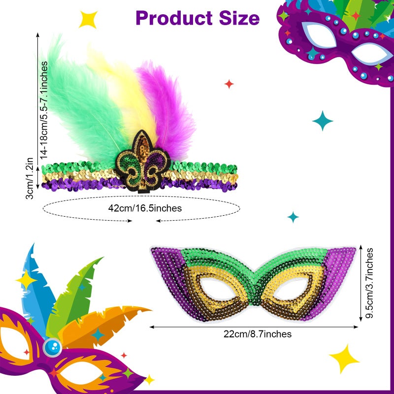 Gvhntk 6 Pieces Mardi Gras Costume Accessory Outfit Set Faux Feather Headband headpiece Sequin Fascinators Mask Mardi Gras Beads Necklaces Feather Boa for Men Women Carnival Halloween Party Favor - Image 3