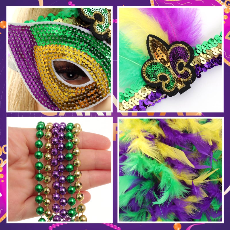 Gvhntk 6 Pieces Mardi Gras Costume Accessory Outfit Set Faux Feather Headband headpiece Sequin Fascinators Mask Mardi Gras Beads Necklaces Feather Boa for Men Women Carnival Halloween Party Favor - Image 4