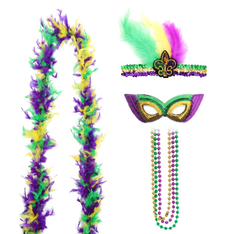 Gvhntk 6 Pieces Mardi Gras Costume Accessory Outfit Set Faux Feather Headband headpiece Sequin Fascinators Mask Mardi Gras Beads Necklaces Feather Boa for Men Women Carnival Halloween Party Favor - Image 1
