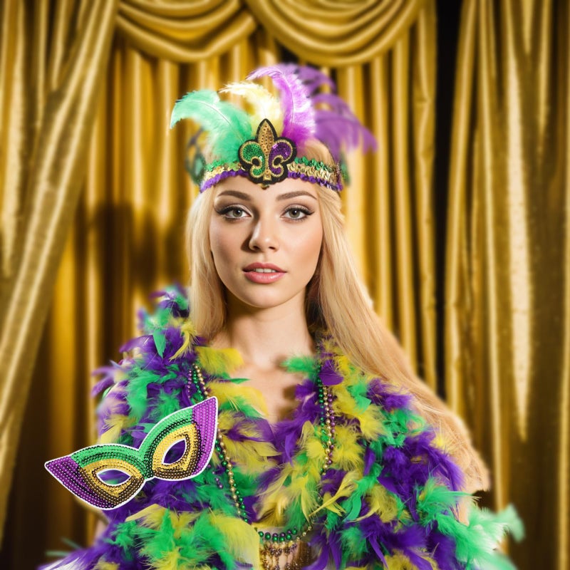 Gvhntk 6 Pieces Mardi Gras Costume Accessory Outfit Set Faux Feather Headband headpiece Sequin Fascinators Mask Mardi Gras Beads Necklaces Feather Boa for Men Women Carnival Halloween Party Favor - Image 5