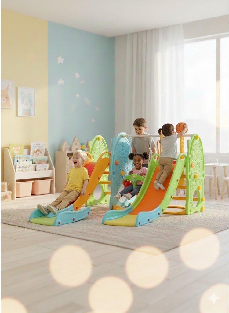 FULL JOY Kids Swing With 2  Slides  Set with Basketball Hoop And Music , 5 in 1 Kids Indoor and Outdoor Climber Slide Playset,  Climbing Ladder and Basketball Hoop - Image 5