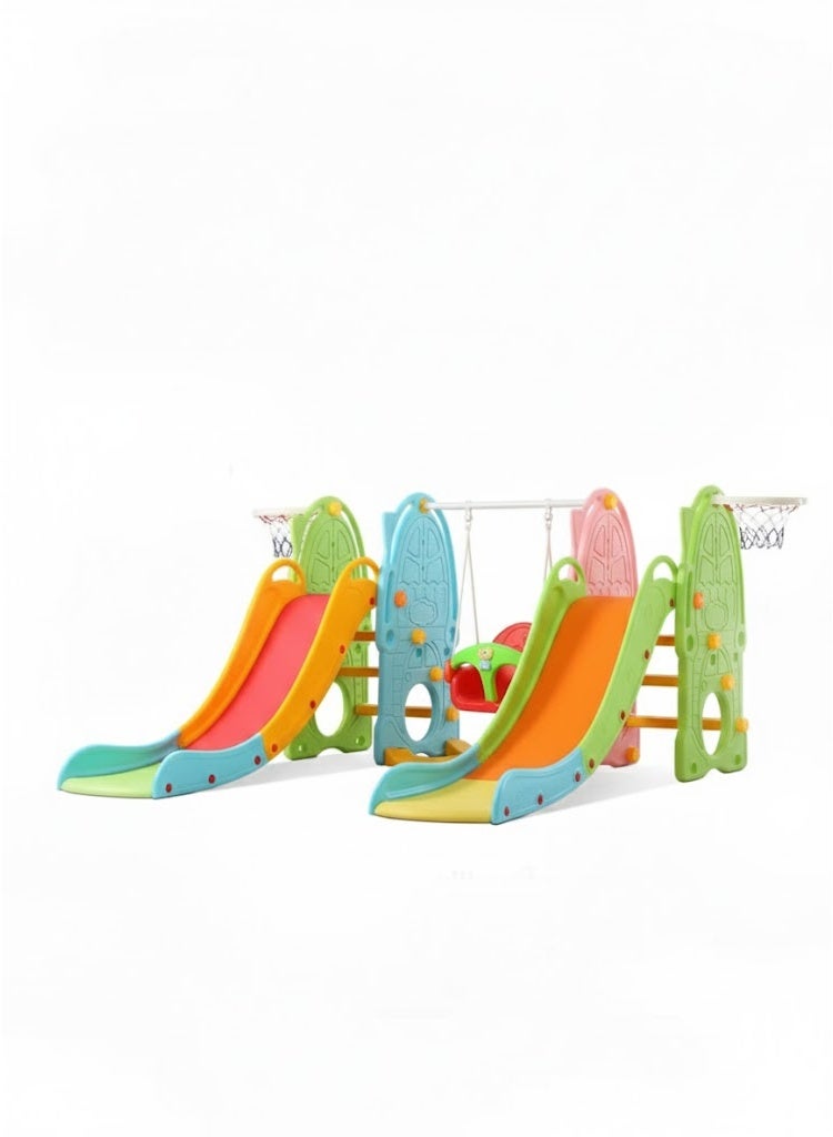 FULL JOY Kids Swing With 2  Slides  Set with Basketball Hoop And Music , 5 in 1 Kids Indoor and Outdoor Climber Slide Playset,  Climbing Ladder and Basketball Hoop - Image 1