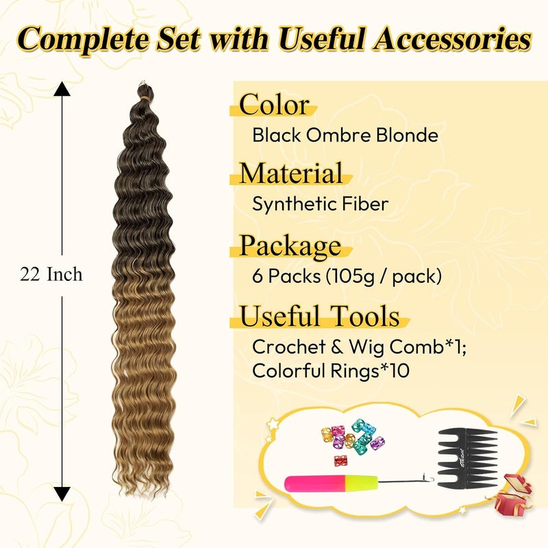 BARSDAR Ocean Wave Crochet Braiding Hair, 55 cm 6 Packs Deep Wave GoGo Curl Crochet Hair for Women Synthetic Boho Braids Long Wavy Curly Braids Hair Extension – Black Ombre Blonde - Image 2