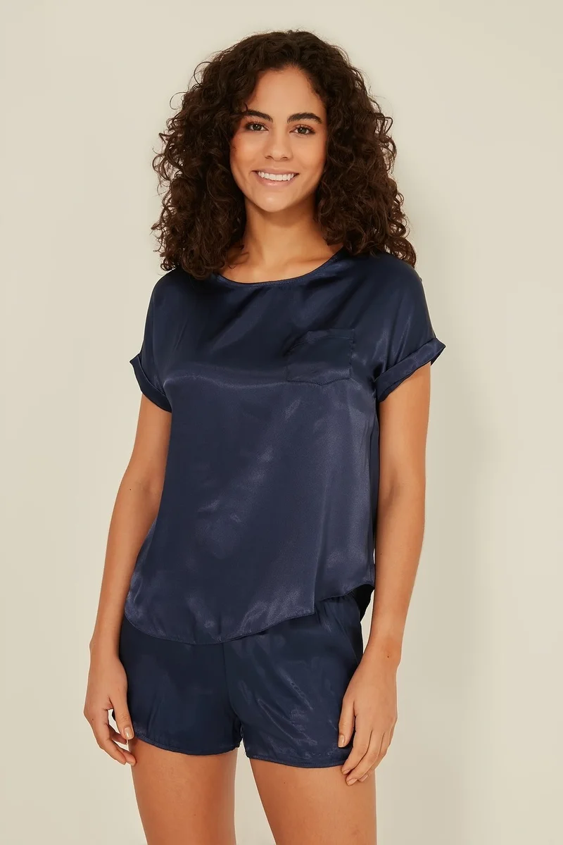 C&city 080 Women's Satin T-Shirt Shorts Set Navy Blue