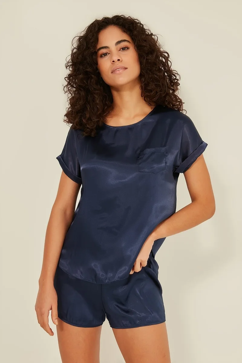 C&city 080 Women's Satin T-Shirt Shorts Set Navy Blue