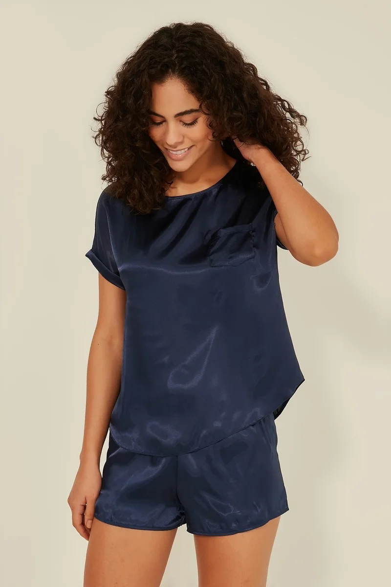 C&city 080 Women's Satin T-Shirt Shorts Set Navy Blue