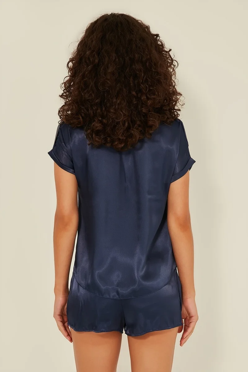 C&city 080 Women's Satin T-Shirt Shorts Set Navy Blue
