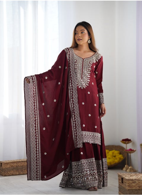 New Chinnon Silk with Heavy Embroidery Sequence Work Top-Palazzo and Dupatta Set with Fully Stitched Sharara Ready to Wear Collection