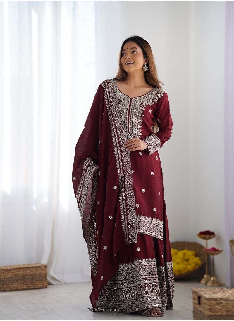 Super Asian New Chinnon Silk with Heavy Embroidery Sequence Work Top-Palazzo and Dupatta Set with Fully Stitched Sharara Ready to Wear Collection  - Image 3