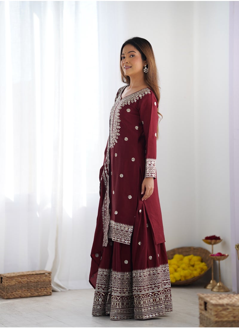 Super Asian New Chinnon Silk with Heavy Embroidery Sequence Work Top-Palazzo and Dupatta Set with Fully Stitched Sharara Ready to Wear Collection  - Image 4