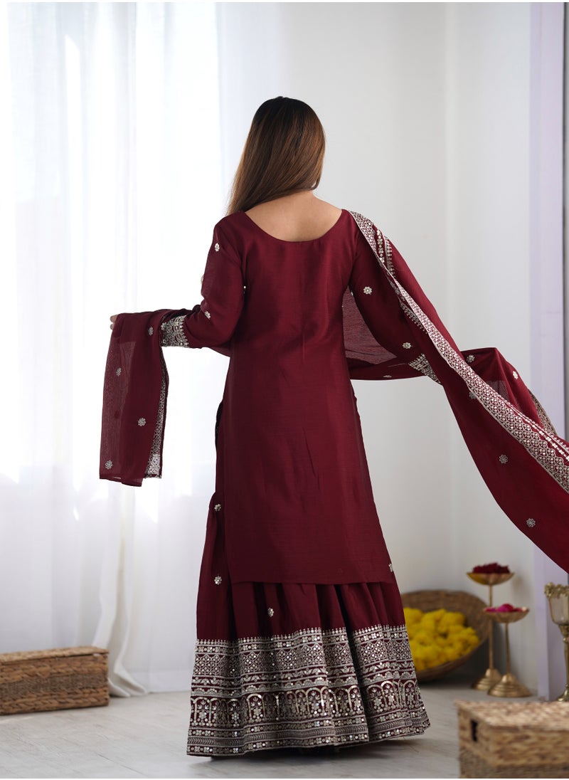 Super Asian New Chinnon Silk with Heavy Embroidery Sequence Work Top-Palazzo and Dupatta Set with Fully Stitched Sharara Ready to Wear Collection  - Image 5