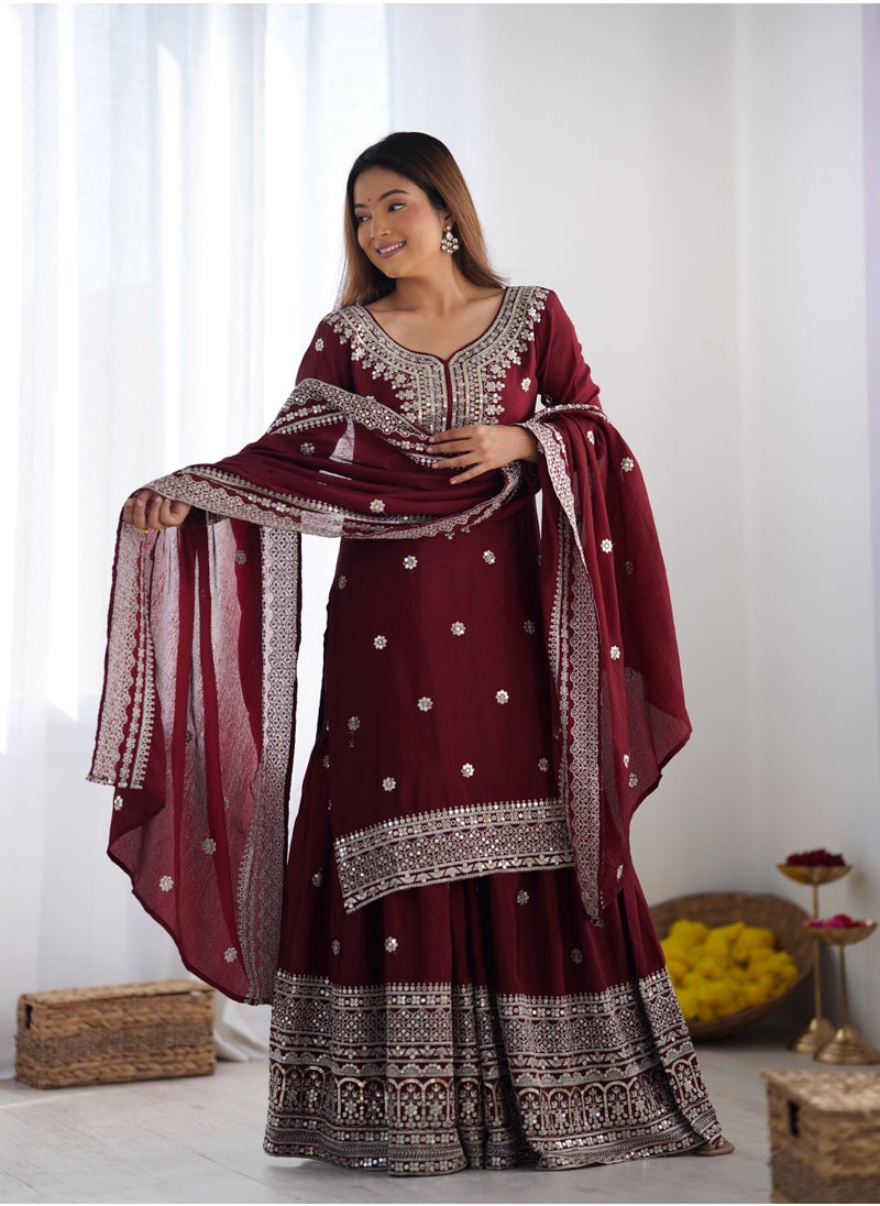 Super Asian - New Chinnon Silk with Heavy Embroidery Sequence Work Top-Palazzo and Dupatta Set with Fully Stitched Sharara Ready to Wear Collection - Image 1