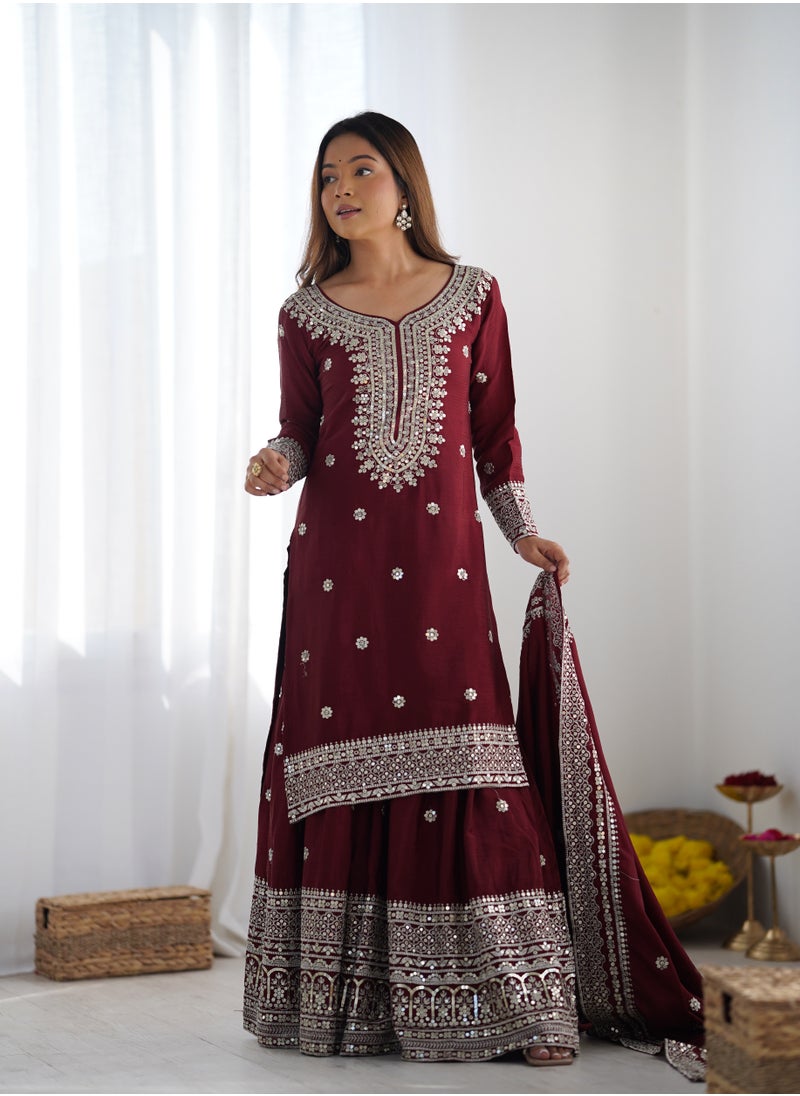 Super Asian - New Chinnon Silk with Heavy Embroidery Sequence Work Top-Palazzo and Dupatta Set with Fully Stitched Sharara Ready to Wear Collection - Image 1