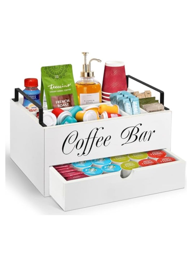 Arabest Farmhouse Wooden Coffee Bar Organizer - Countertop Station With Drawer, Pods Holder & Storage Basket（White）  - Image 1