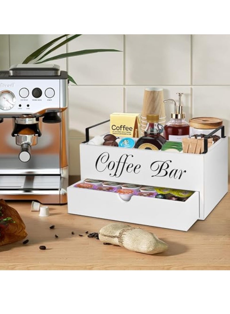 Arabest Farmhouse Wooden Coffee Bar Organizer - Countertop Station With Drawer, Pods Holder & Storage Basket（White）  - Image 4