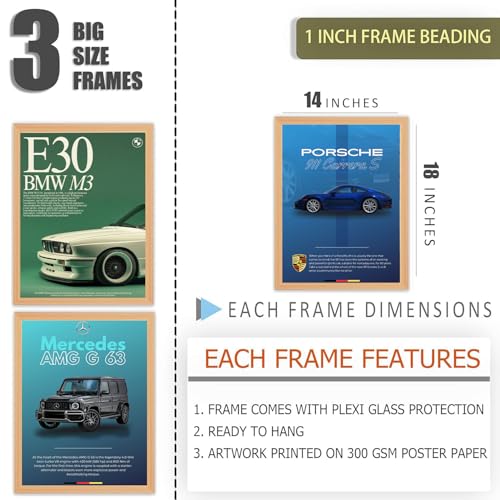 Gamya Engineered Wood Big Cars Framed Posters For Wall Decoration, Bedroom, Living Room, Gift Item For Boys | BMW, Porsche, Ferrari, Mercedes Posters Set of 3 (14x18 Inches) (Combo 2) - Image 2