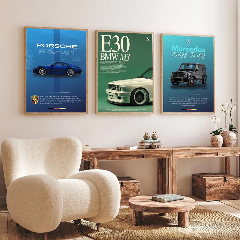 Gamya Engineered Wood Big Cars Framed Posters For Wall Decoration, Bedroom, Living Room, Gift Item For Boys | BMW, Porsche, Ferrari, Mercedes Posters Set of 3 (14x18 Inches) (Combo 2) - Image 4