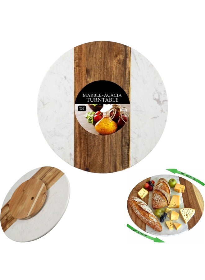 36cm Marble and Acacia Wood Lazy Susan 360 Rotating Serving Tray, Brown & White - Image 1