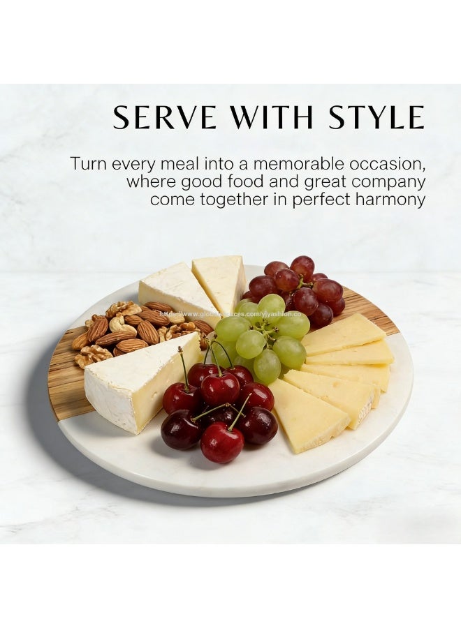 36cm Marble and Acacia Wood Lazy Susan 360 Rotating Serving Tray, Brown & White - Image 4