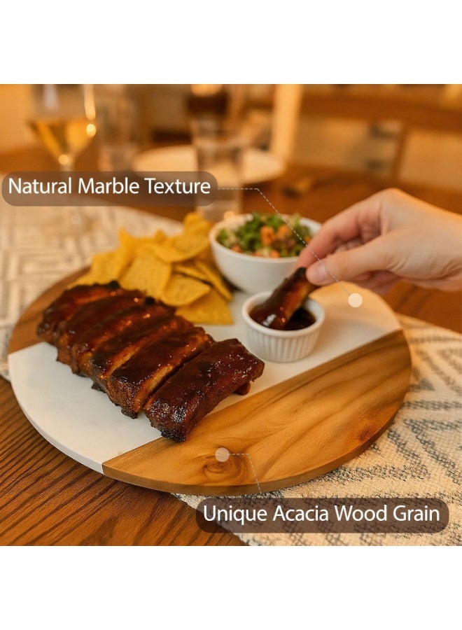 36cm Marble and Acacia Wood Lazy Susan 360 Rotating Serving Tray, Brown & White - Image 2