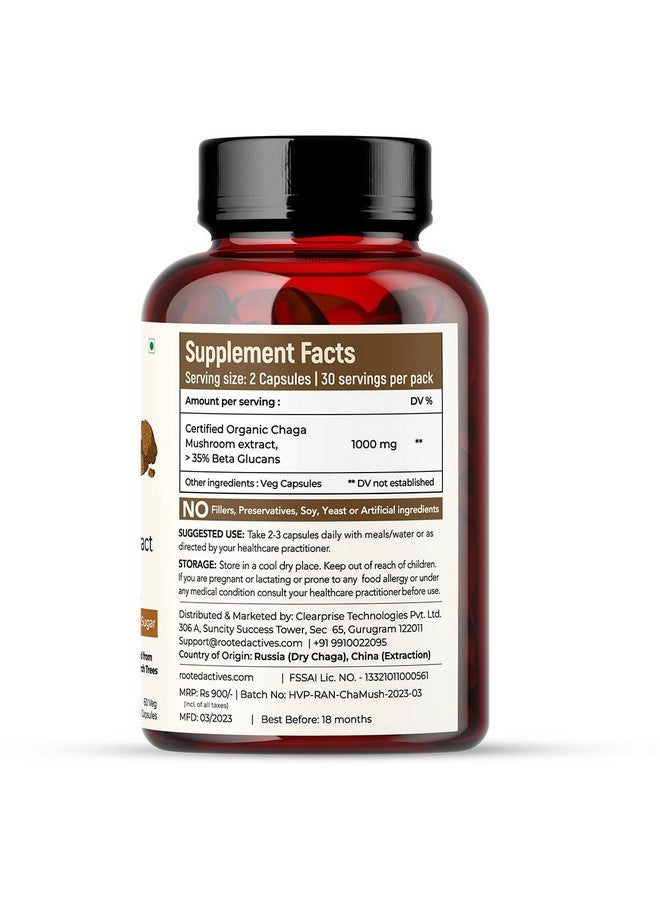 Rooted Actives Siberian Chaga Mushroom Capsules (60 Caps, 500 Mg) | Blood Sugar, Heart & Immunity | Usda Organic | 35% Beta Glucans | Pack Of 2 - Image 4