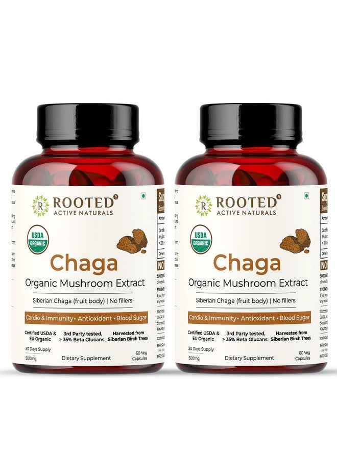 Rooted Actives Siberian Chaga Mushroom Capsules (60 Caps, 500 Mg) | Blood Sugar, Heart & Immunity | Usda Organic | 35% Beta Glucans | Pack Of 2 - Image 1