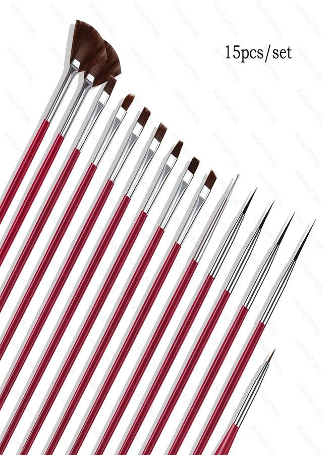 AUOCATTAIL 15 Pcs Nail Brushes Nail Art Kit for Nail Detailing Brush Makeup Brushes Cleaning Fingernails Nail Dotting Tool for Home Salon DIY Manicure Design Tools (Rose Red) - Image 5