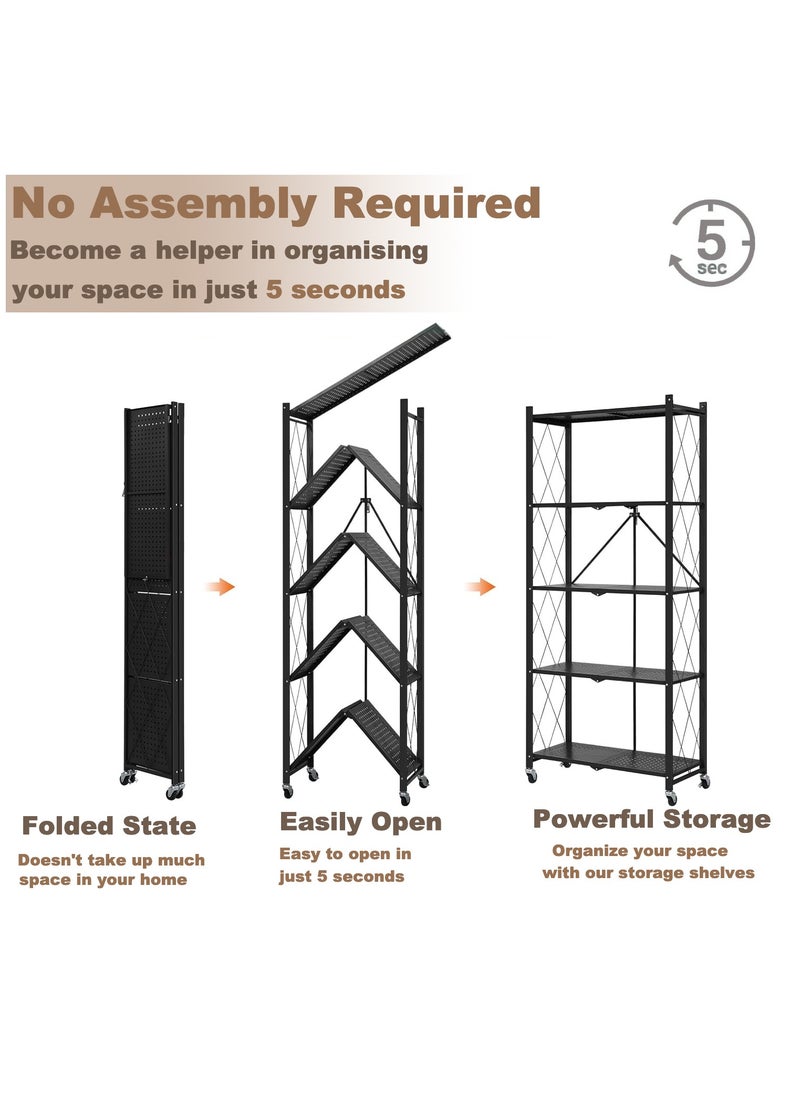ACPLAY - 5 Tier Thickened Foldable Storage Rack with Wheels,No Assembly,Large Capacity Shelves,Heavy-Duty Metal Shelving Unit Rolling Cart for Garage, Kitchen, Basement, Pantry(Black, 5-Tier) - Image 1