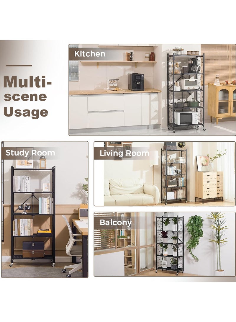 آسي بلاي رفوف تخزين قابلة للطي بخمس طبقات سميكة مع عجلات، بدون تجميع، سعة كبيرة، وحدة رفوف معدنية قوية على عربة متحركة للكراج والمطبخ والقبو والمخزن (أسود، خمس طبقات) - Image 4