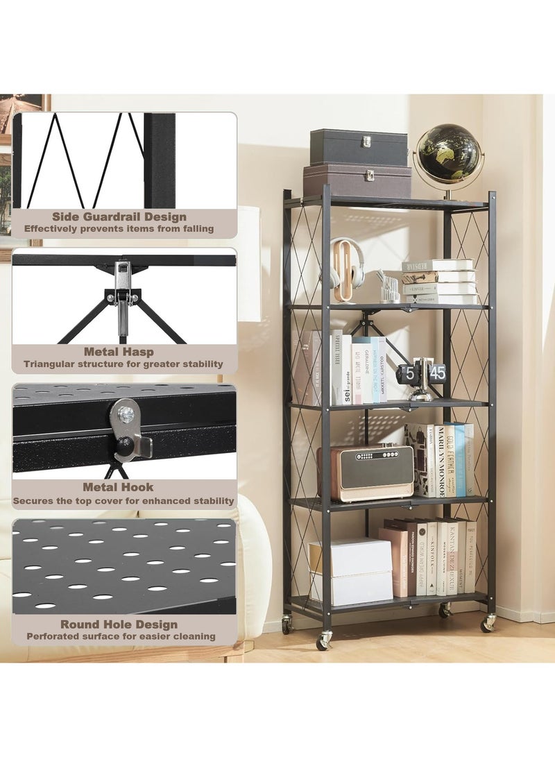 آسي بلاي رفوف تخزين قابلة للطي بخمس طبقات سميكة مع عجلات، بدون تجميع، سعة كبيرة، وحدة رفوف معدنية قوية على عربة متحركة للكراج والمطبخ والقبو والمخزن (أسود، خمس طبقات) - Image 5