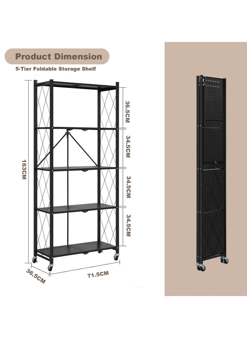 آسي بلاي رفّ تخزين للمطبخ قابل للطي ومُقوّى، وحدة أرفف معدنية شديدة التحمل من 5 طبقات مزودة بعجلات، سعة كبيرة، بدون تركيب، مناسب للمرآب والمطبخ والقبو وخزانة المؤن. - Image 4