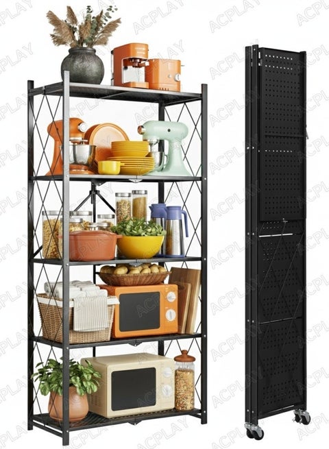 Thickened Foldable Kitchen Storage Rack, 5 Tiers Heavy Duty Metal Shelving Unit with Wheels, Large Capacity, No Assembly, for Garage, Kitchen, Basement, Pantry