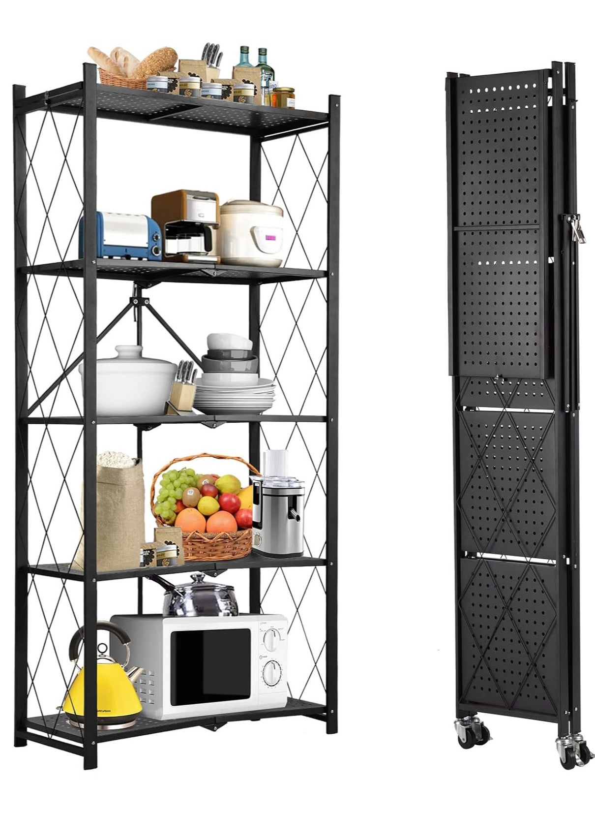 ACPLAY 5 Tier Thickened Foldable Storage Rack with Wheels,No Assembly,Large Capacity Shelves,Heavy-Duty Metal Shelving Unit Rolling Cart for Garage, Kitchen, Basement, Pantry(Black, 5-Tier) 