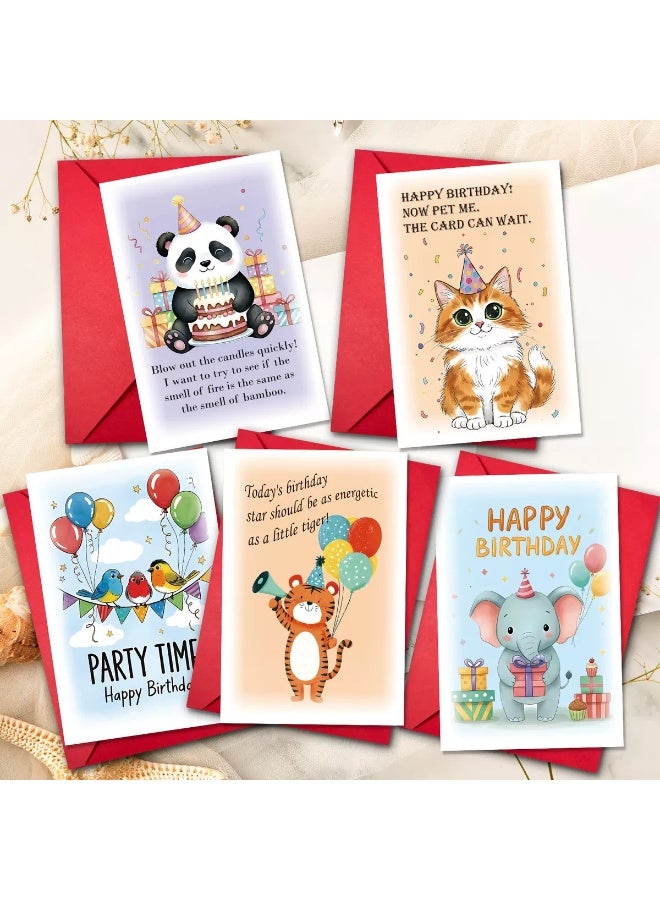 بطاقات عيد ميلاد حيوانات كرتونية (5 قطع) مع مظاريف حمراء - بطاقات تهنئة ممتعة للحفلات - Image 2
