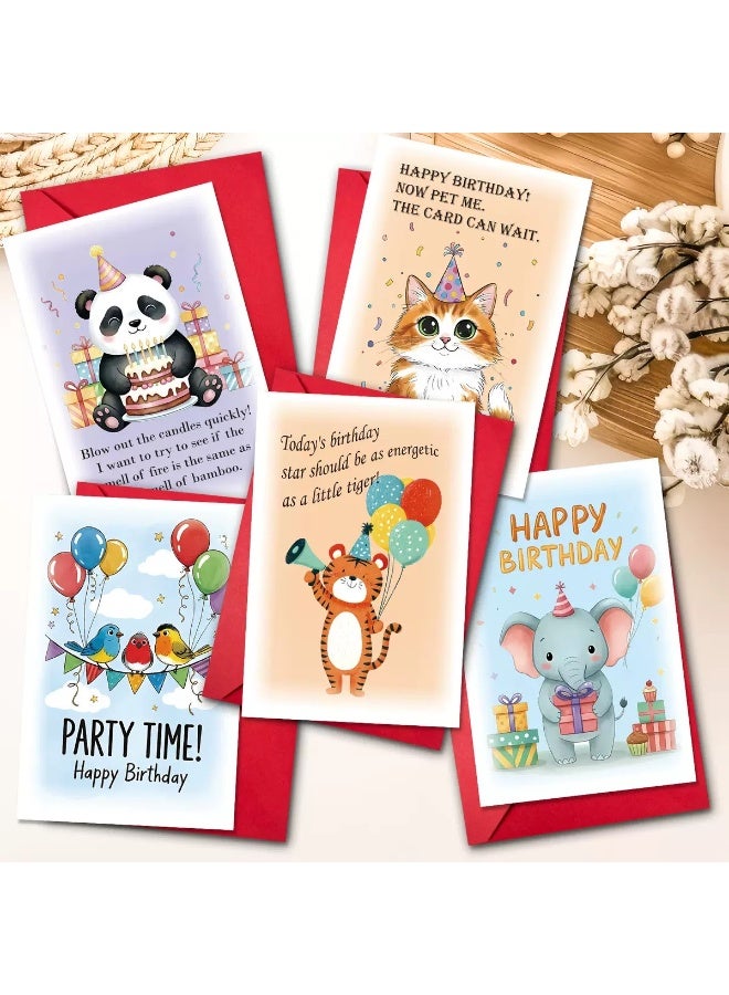 بطاقات عيد ميلاد حيوانات كرتونية (5 قطع) مع مظاريف حمراء - بطاقات تهنئة ممتعة للحفلات - Image 1