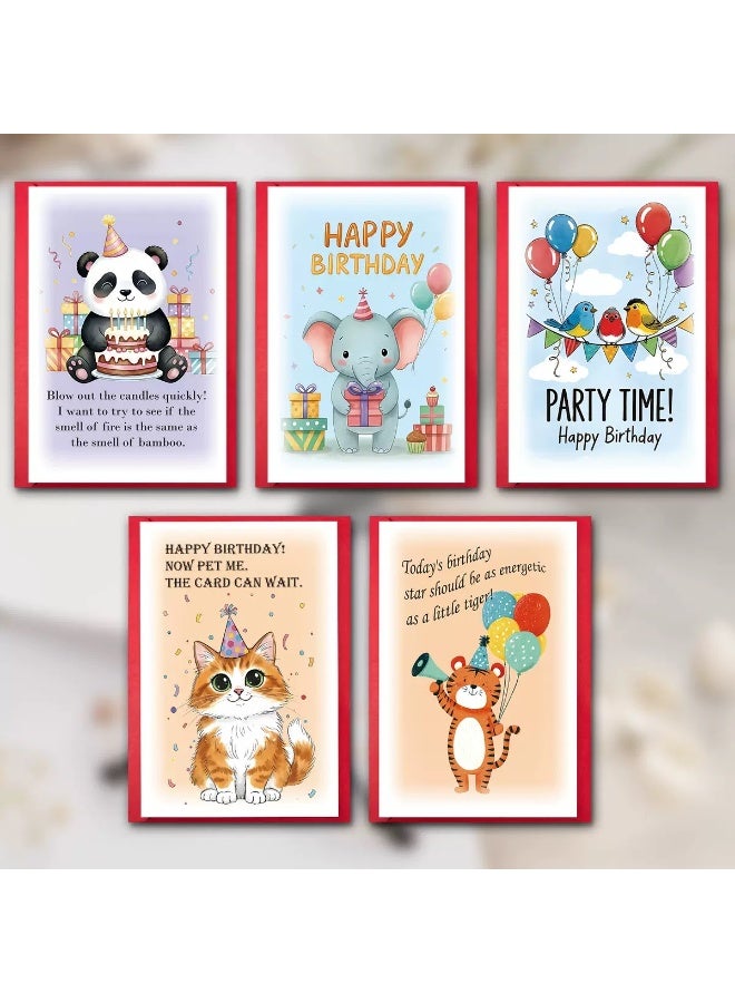 بطاقات عيد ميلاد حيوانات كرتونية (5 قطع) مع مظاريف حمراء - بطاقات تهنئة ممتعة للحفلات - Image 3