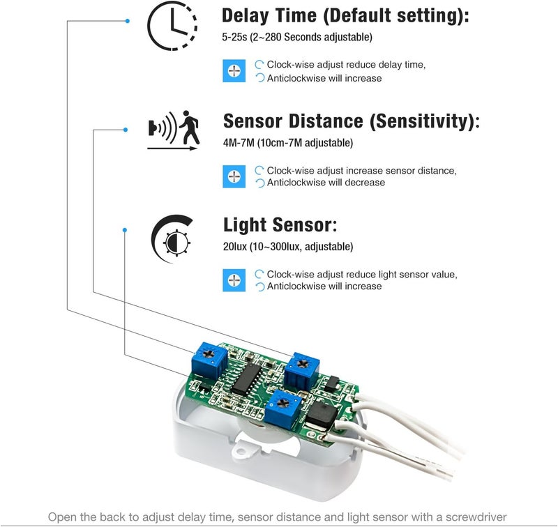 Sensky BS010WL DC 12v إلى 24v مفتاح استشعار الحركة المصغر PIR مفتاح استشعار الإشغال للإضاءة LED DIY (مستشعر ضوء، وقت تأخير، مسافة استشعار، قابل للتعديل) - Image 3
