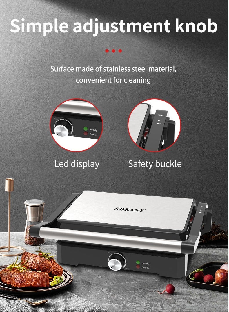 سوكاني شوايه سندوتشات، 1500 واط، مكبس ساندويتش/بانيني غير لاصق، آلة متعددة الوظائف لشرائح اللحم، آلة ساندويتش إفطار، فتحة 90-180 درجة، مثالية لشواء الساندويتشات وشرائح اللحم والبرجر، SK-08026، أسود/فضي - Image 4